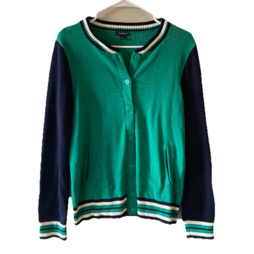 Talbots Green/Black/White Cotton Blend Button Up Cardigan Preppy Old School Sz M - Picture 1 of 4
